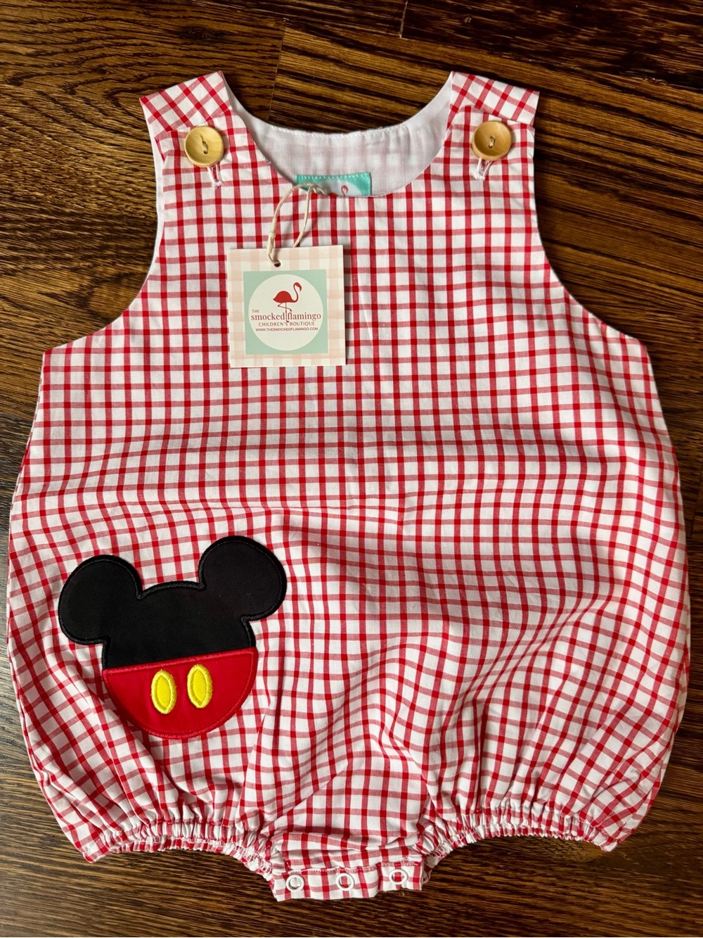 Smocked Flamingo Red Gingham Diaper Cover with Mickey Patch